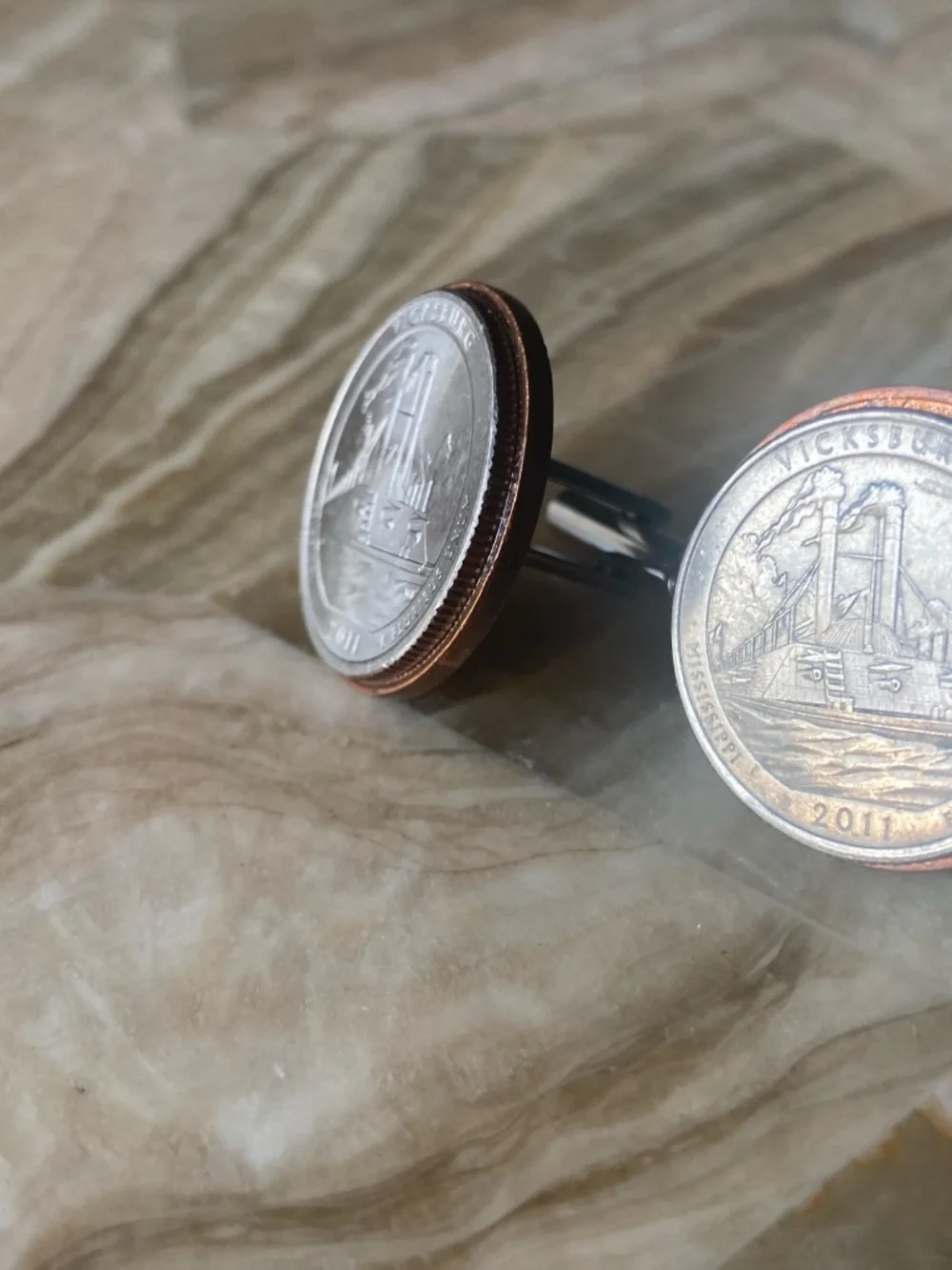 *Handmade 2011 Vicksburg Quarter Coin Cufflinks – Copper Border**